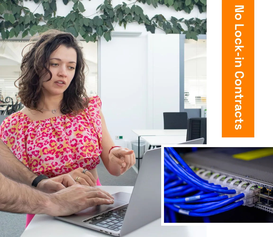 Alliance-NET I.T professional helping a client at her laptop, with network switch cabling inset